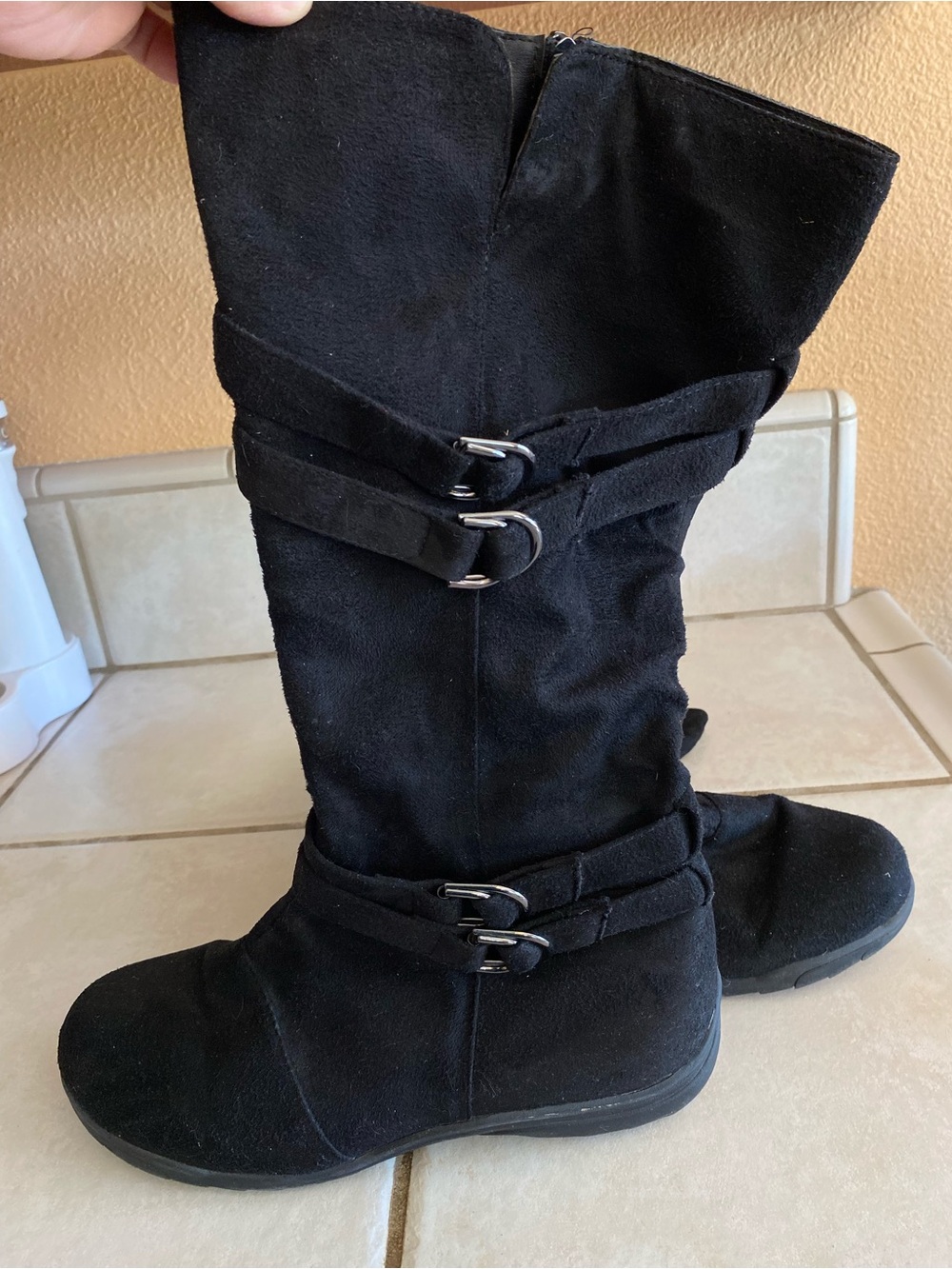 Women’s Black Mid-Calf Suede Buckle Heeled Boots